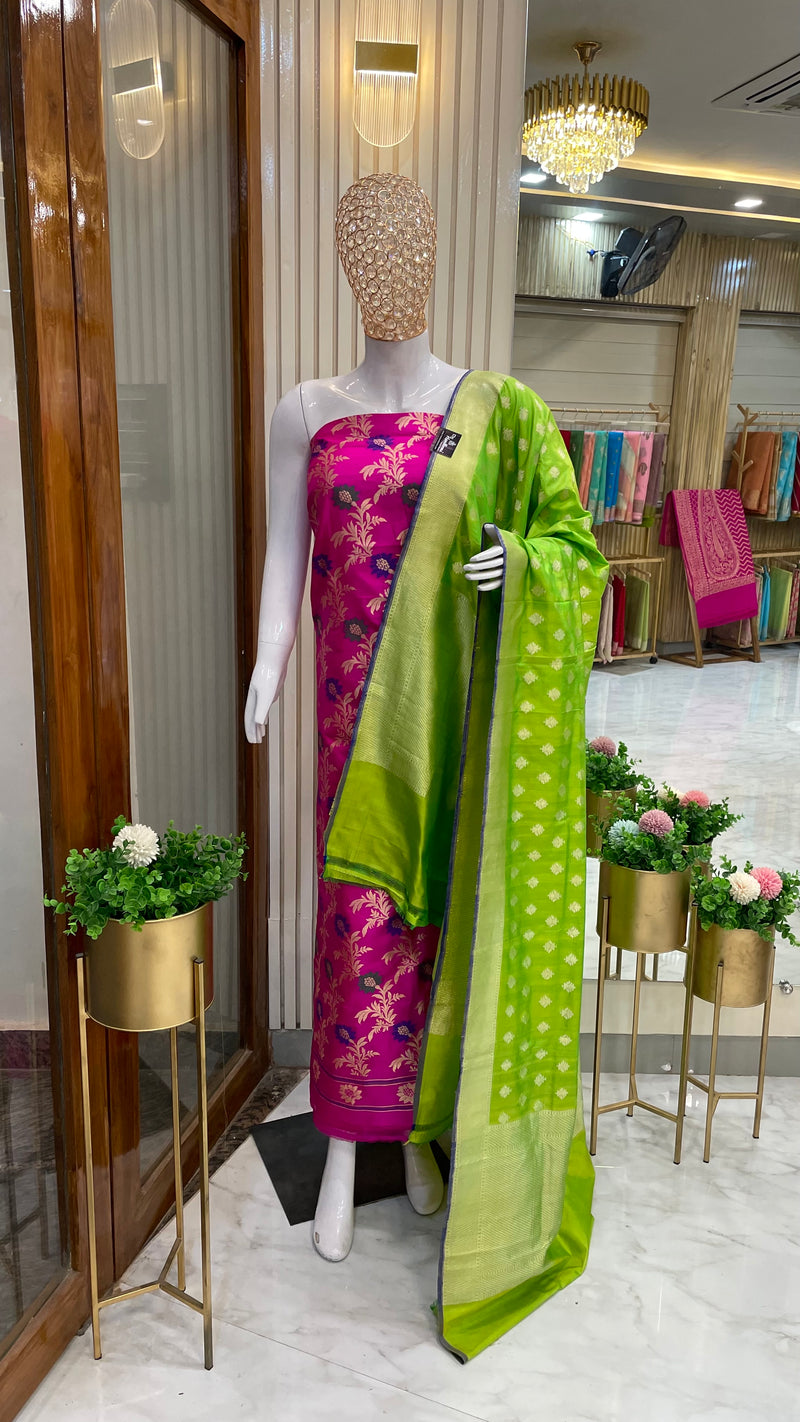 Pure Katan Silk Handlooms Banarasi Dress material With Meenakari - The Handlooms