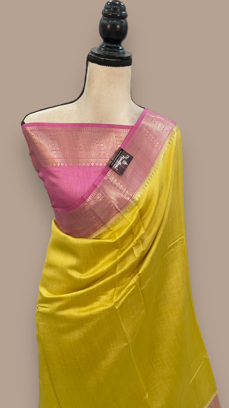 Yellow Pure Chiniya Silk Khaddi Handloom Banarasi Saree - The Handlooms
