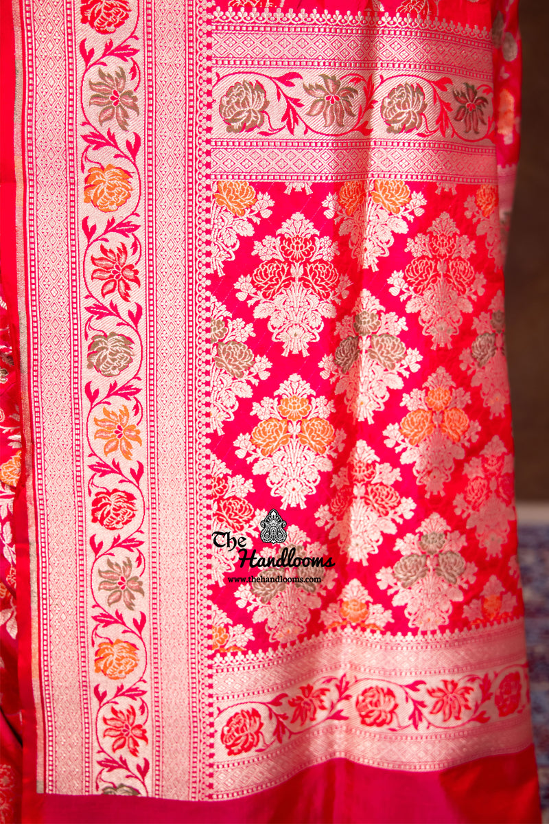 Hot Pink Pure Katan Silk Banarasi Handloom Saree - All over Jaal work with Meenakari - The Handlooms