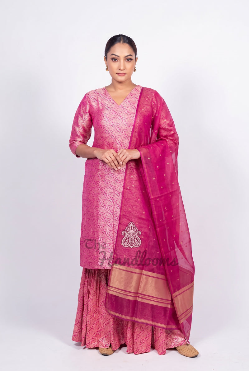 Hot Pink Pure Khaddi Georgette Brocade Kurta with Sharara - The Handlooms