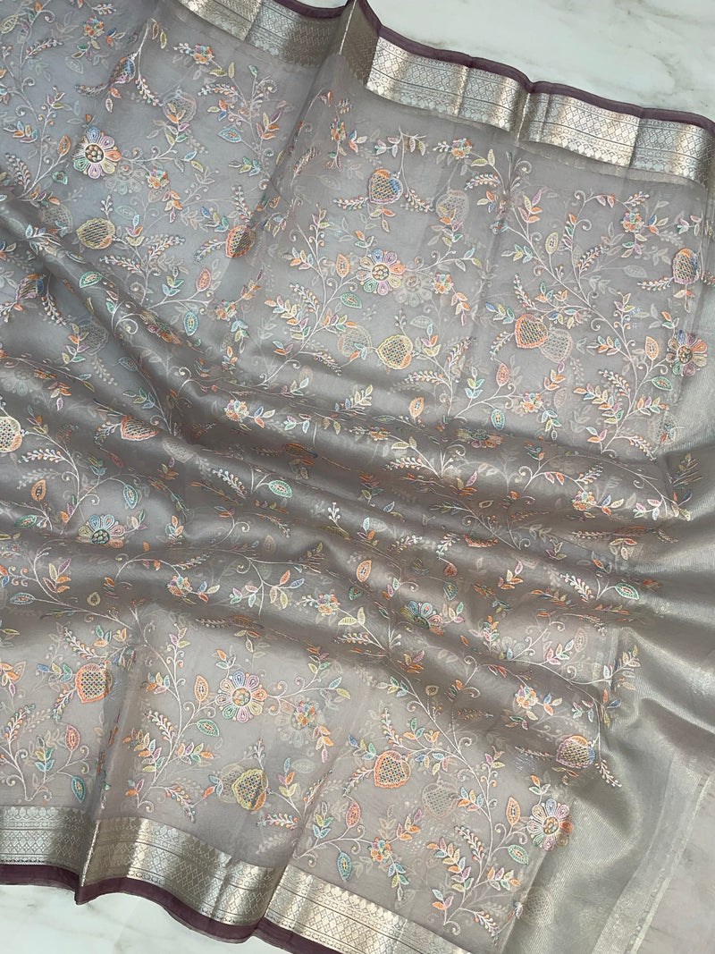 Pure Organza Handloom Banarasi dupatta With Chikankari And Digital Print - The Handlooms