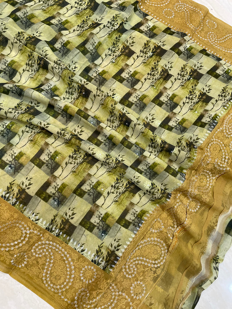 Pure Georgette  Digital Print with Chikankari Handloom Banarasi Saree - The Handlooms