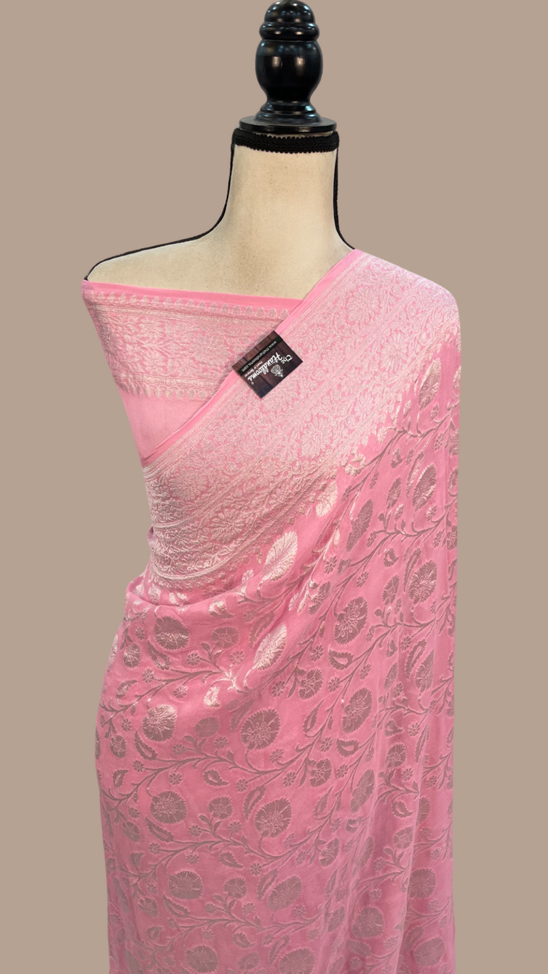 Pink Khaddi Georgette Banarasi Saree with all silver zari jaal work - The Handlooms