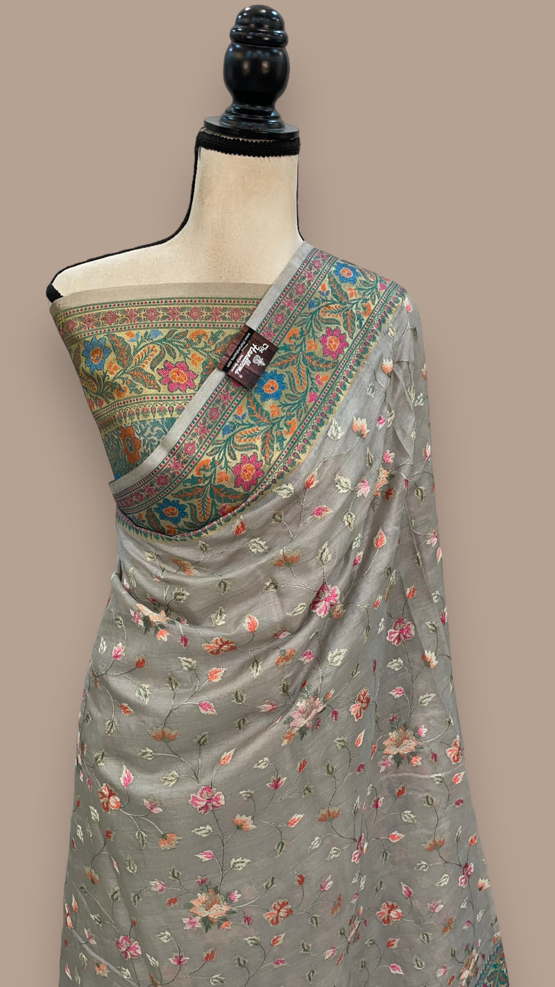 Tussar Silk Handloom Banarasi Saree With Chikankari - The Handlooms
