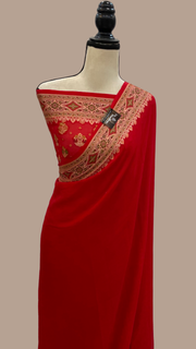 Red Pure Chiffon Khaddi Banarasi Saree - The Handlooms