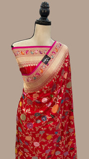 Red Ektara Pure Katan Silk Banarasi Handloom Saree - All over kadiyal Jaal work - The Handlooms