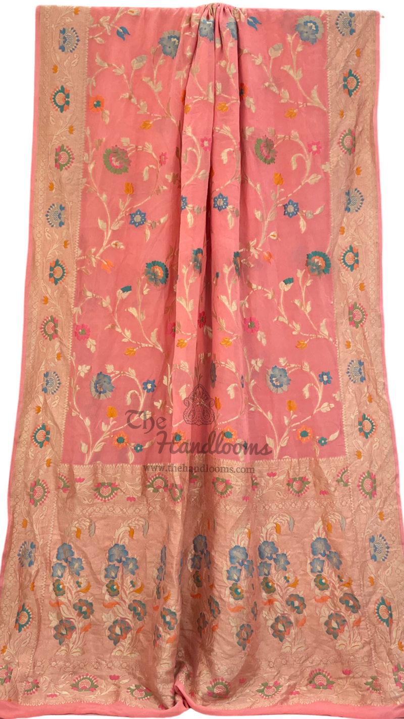 Peach Khaddi Georgette Handloom Banarasi Saree - All over Jaal Work With Meenakari - The Handlooms