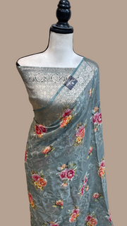 Pure Georgette  Digital Print with Chikankari Handloom Banarasi Saree - The Handlooms