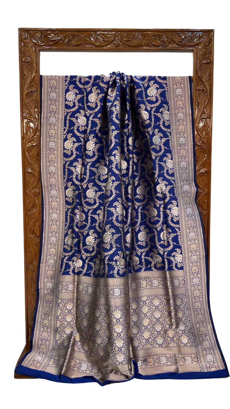 Blue Pure Katan Silk Banarasi Handloom Saree - All over sona roopa Jaal work - The Handlooms