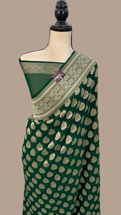 Green Pure Khaddi Georgette Banarasi Saree -  Gold zari