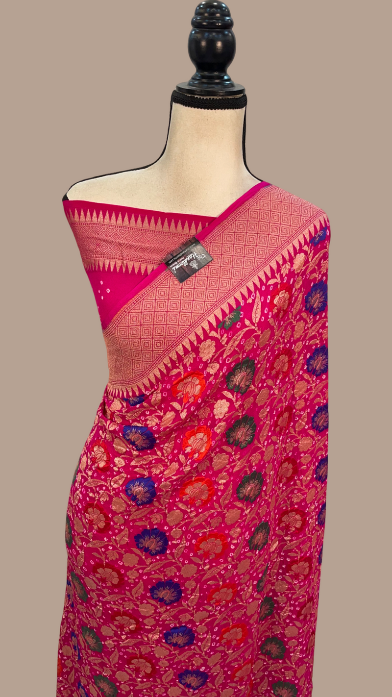 Pure Georgette Banarasi Bandhej Handloom Saree - with meenakari work - The Handlooms