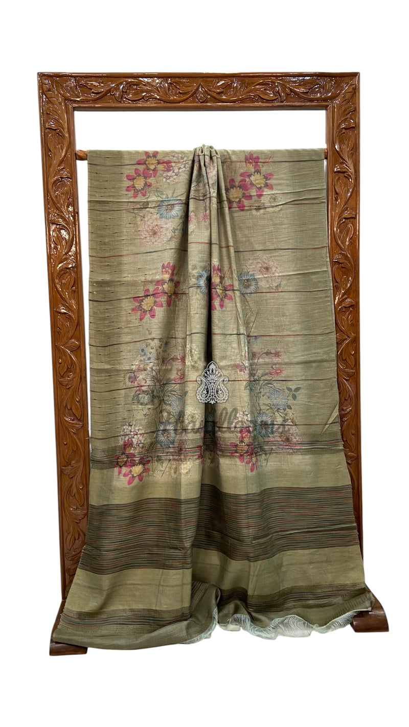 Pure Tussar Silk Handloom Banarasi Saree With Digital Print