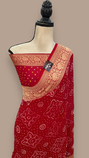 Red Pure Georgette Banarasi Bandhej Handloom Saree - The Handlooms