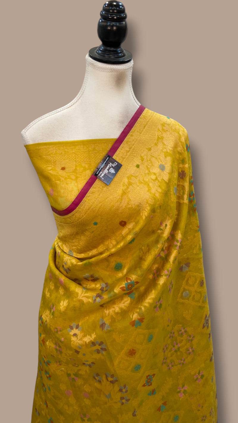 Pure Katan Silk Banarasi Handloom Saree - All Over Jaal Work With Meenakari