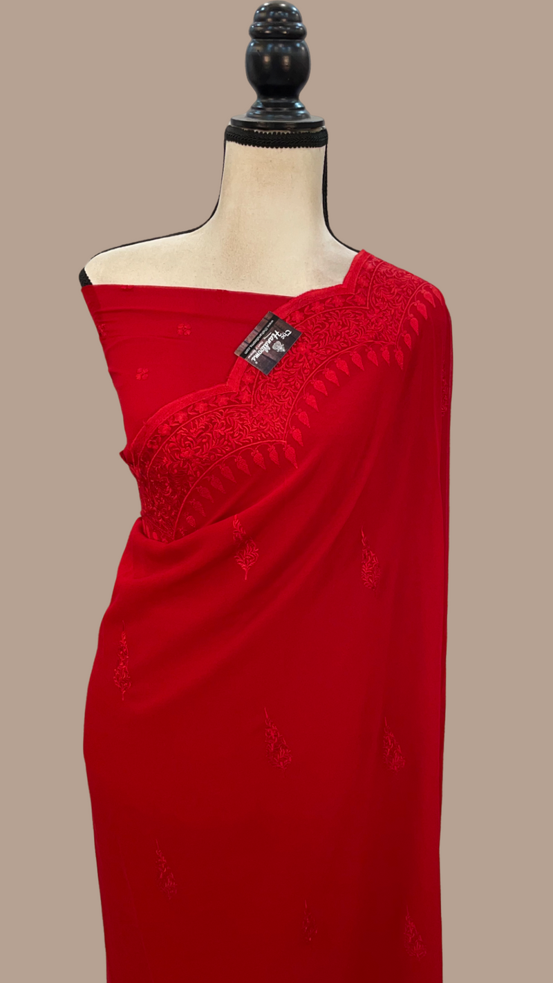 Pure Georgette Chikankari Handloom Banarasi Saree - The Handlooms