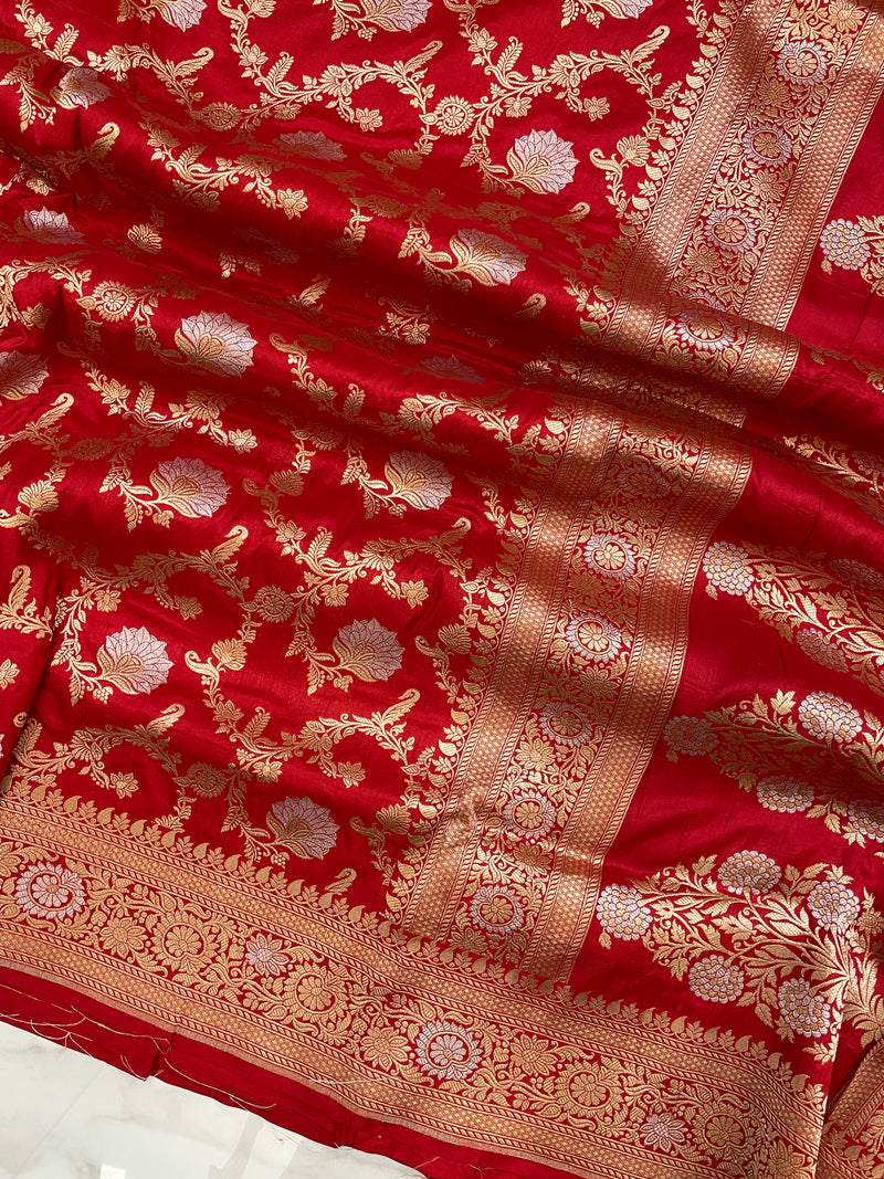 Pure Katan Silk Banarasi Handloom Saree - All over Sona Roopa Jaal work - The Handlooms