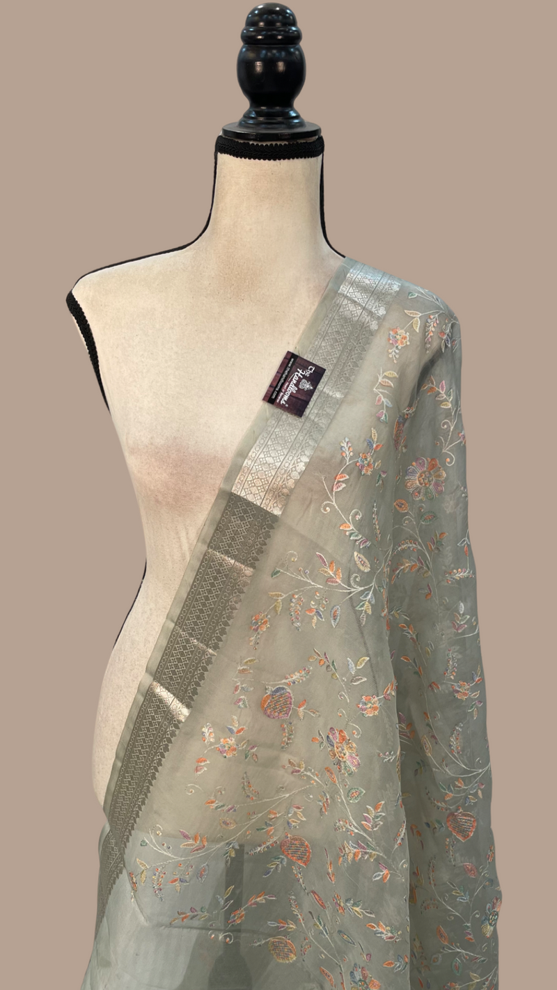 Pure Organza Handloom Banarasi dupatta With Chikankari And Digital Print - The Handlooms