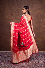 Red Pure Katan Silk Banarasi Handloom Saree - All over Kadua Stripe - The Handlooms