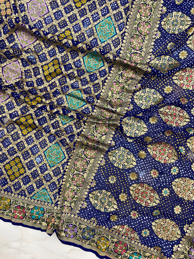 Pure Georgette Banarasi Bandhej Handloom Saree - Meenakari