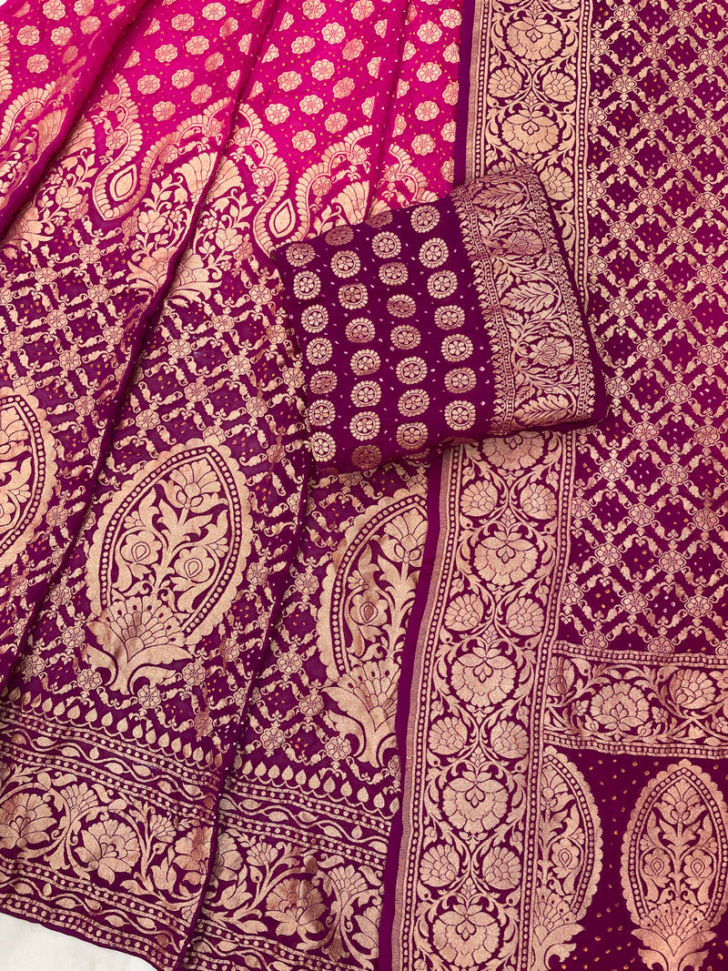 Pure Khaddi Georgette Bandhani Handloom Banarasi Lehenga - The Handlooms