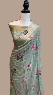Pure Georgette Chikankari with Digital Print Handloom Banarasi Saree - The Handlooms