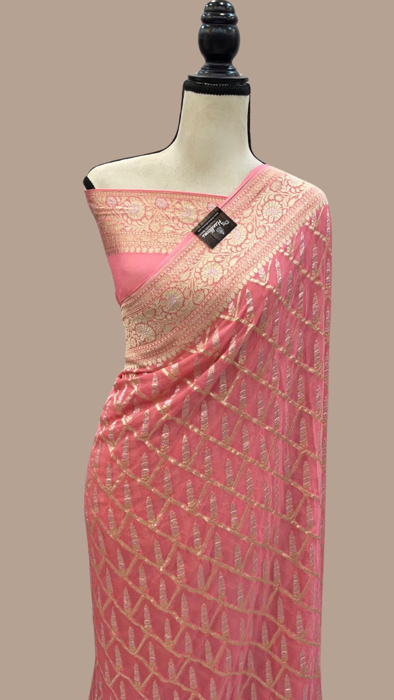 Pink Khaddi Georgette Handloom Banarasi Saree - All over Sona Roopa Jaal Work - The Handlooms