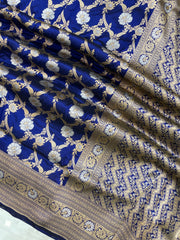 Navy Blue Blue Pure Katan Silk Banarasi Handloom Saree - All over Sona Roopa Jaal work - The Handlooms