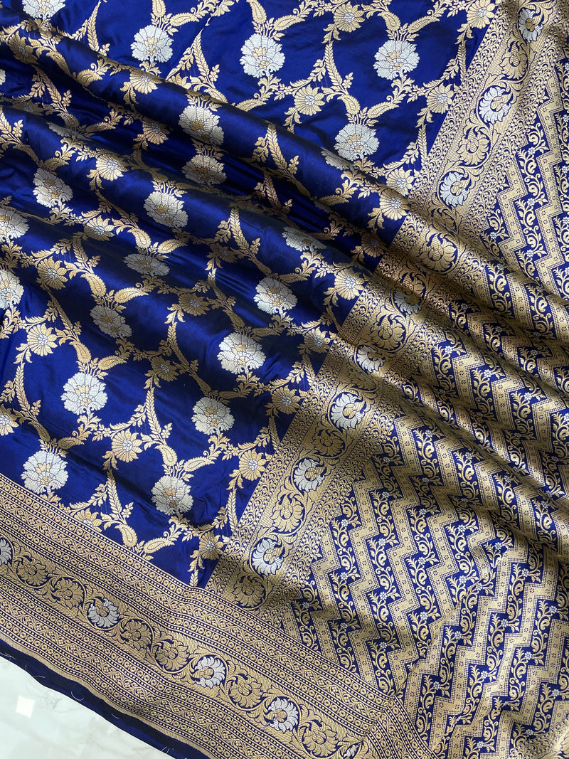 Navy Blue Blue Pure Katan Silk Banarasi Handloom Saree - All over Sona Roopa Jaal work - The Handlooms