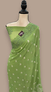 Green Pure Georgette Chikankari Handloom Banarasi Saree - The Handlooms