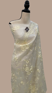 Off-white Pure Organza Chikankari Handloom Banarasi Saree - The Handlooms