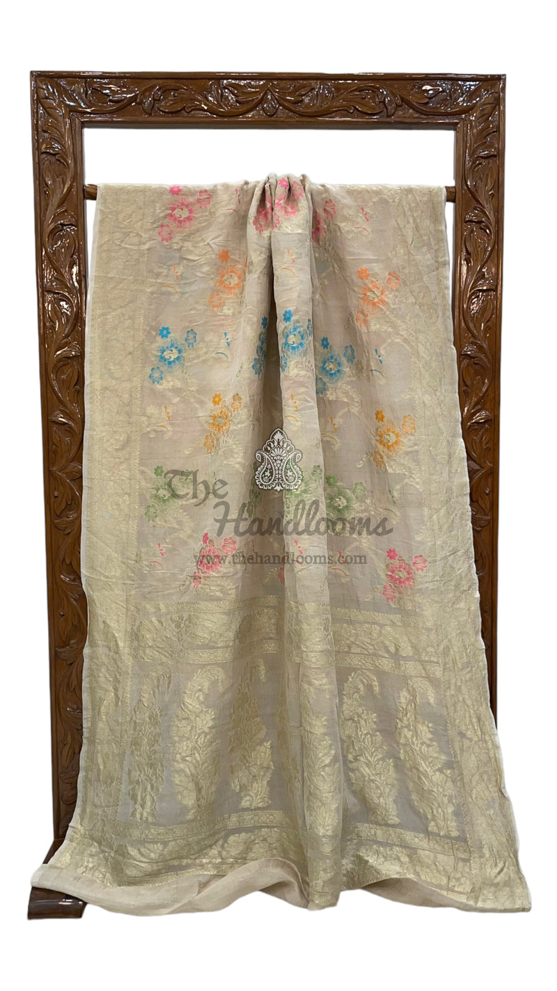 Pure Tussar Georgette Handloom Banarasi Saree - All over Jaal Work with meenakari - The Handlooms