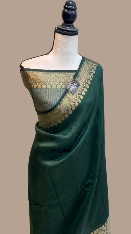Pure linen Banarasi Basil Green Saree - The Handlooms