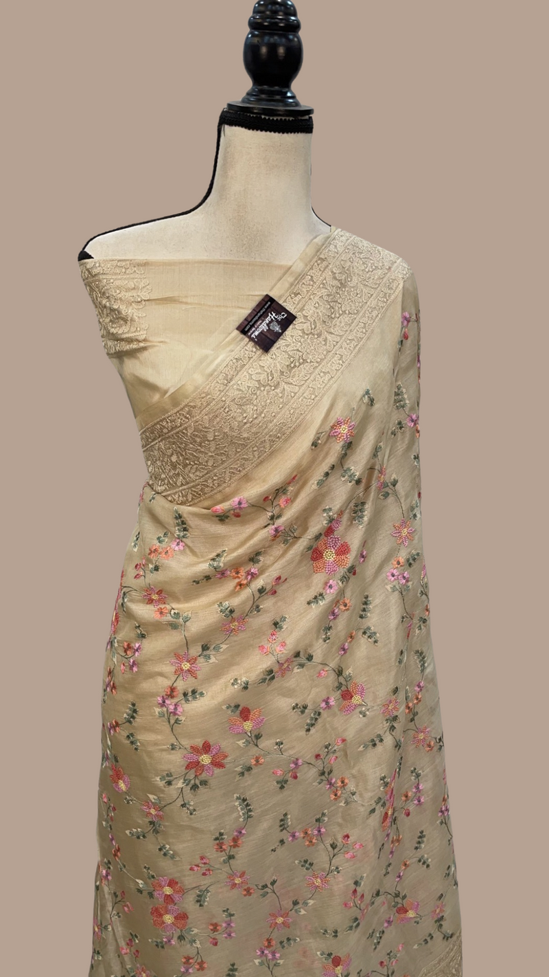Tussar Silk Handloom Banarasi Saree With Chikankari - The Handlooms