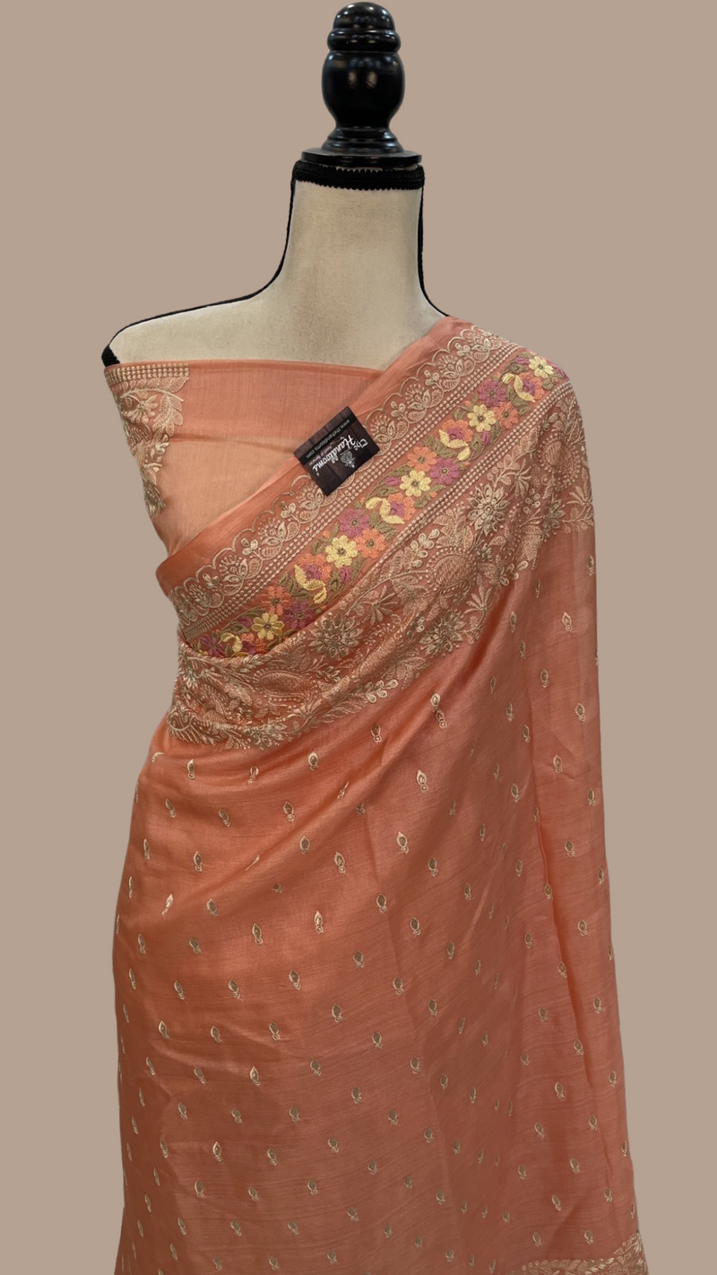 Tussar Silk Handloom Banarasi Saree With Chikankari - The Handlooms