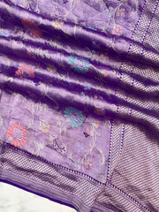 Purple Pure Tussar Georgette Brocade Handloom Banarasi Saree - The Handlooms