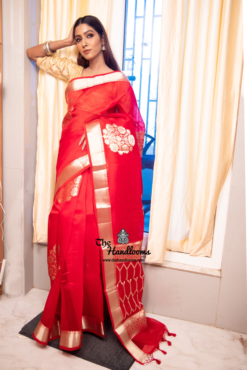 Red Pure Kora Handloom Banarasi Saree - The Handlooms