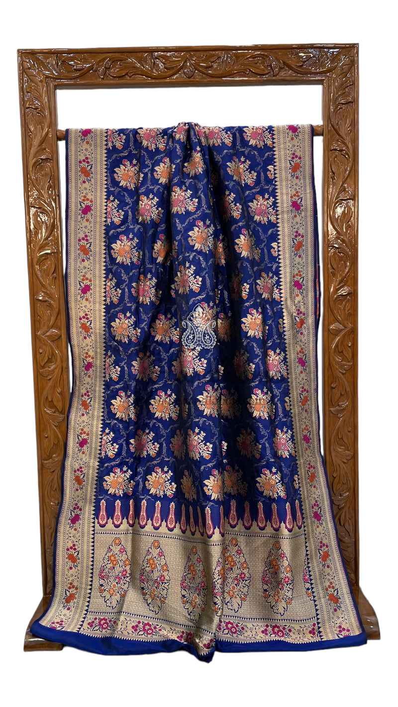 Royal Blue Pure Katan Silk Banarasi Handloom Saree - All over Jaal work with Meenakari - The Handlooms