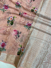 Pure Georgette  Digital Print with Chikankari Handloom Banarasi Saree - The Handlooms