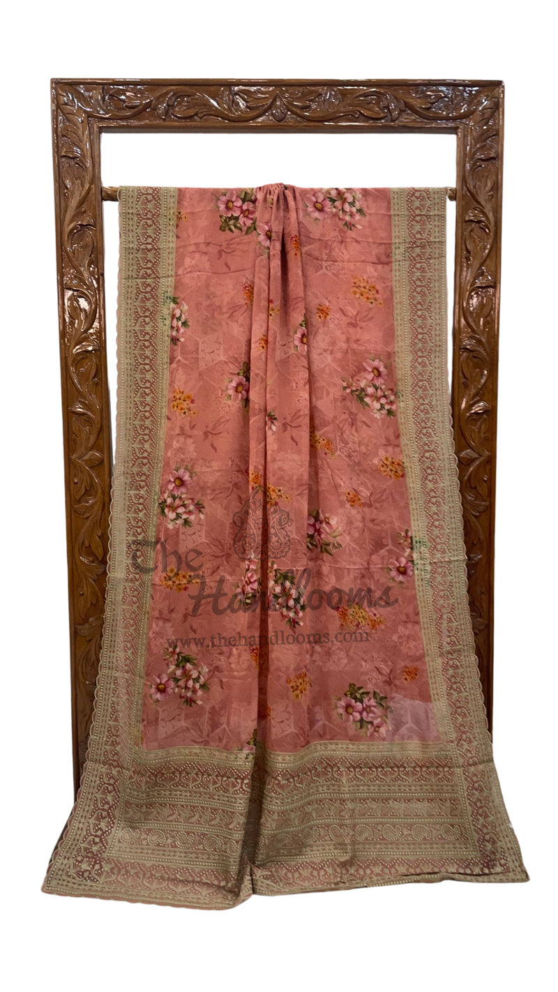 Pure Georgette Digital Print with Chikankari Handloom Banarasi Saree - The Handlooms