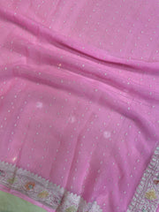 Pure Georgette Handwoven Dupatta - Pink silver zari - The Handlooms