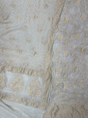 White Pure Khaddi Georgette Handlooms Banarasi Dress material - The Handlooms