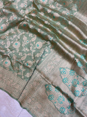 Pista Pure Katan Silk Banarasi Handloom Saree - All over Jaal work with Meenakari - The Handlooms