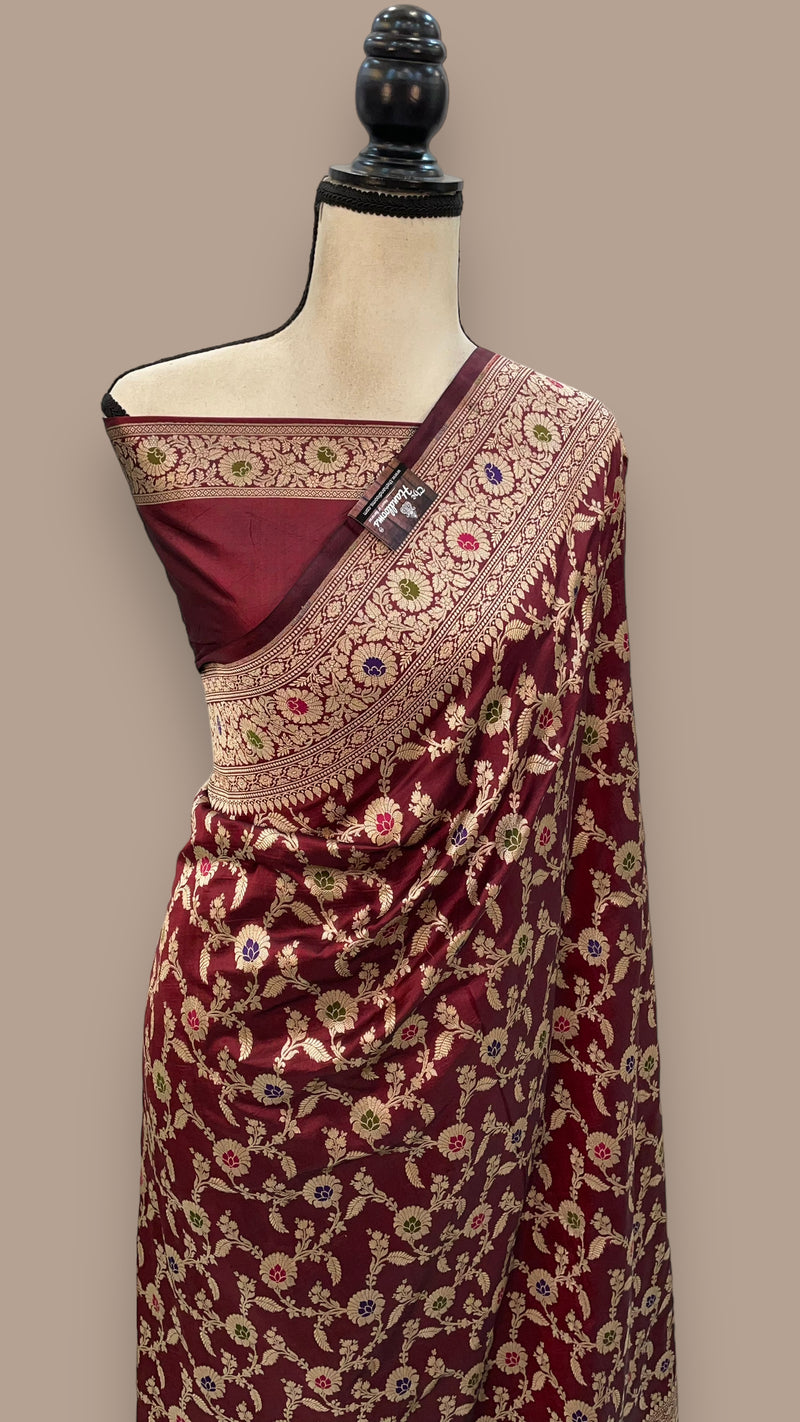Maroon Pure Katan Silk Banarasi Handloom Saree - All over Jaal work With Meenakari - The Handlooms
