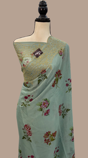 Pure Georgette Digital Print with Chikankari Handloom Banarasi Saree - The Handlooms