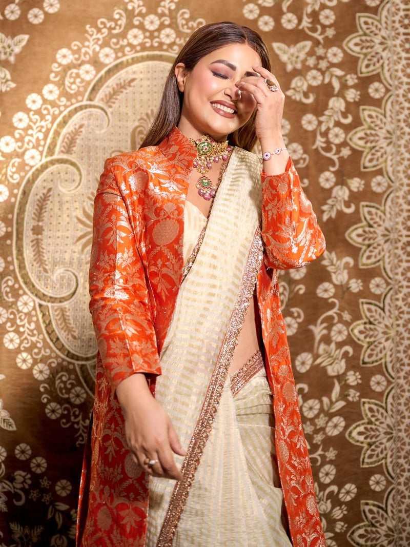 Hina Khan in Pure Kora Tissue Handloom Banarasi Saree With Lace - The Handlooms