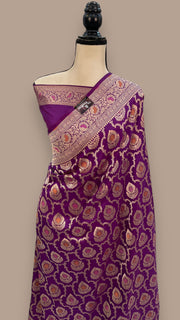 Purple Pure Katan Silk Banarasi Handloom Saree - All over Sona Roopa Jaal work - The Handlooms