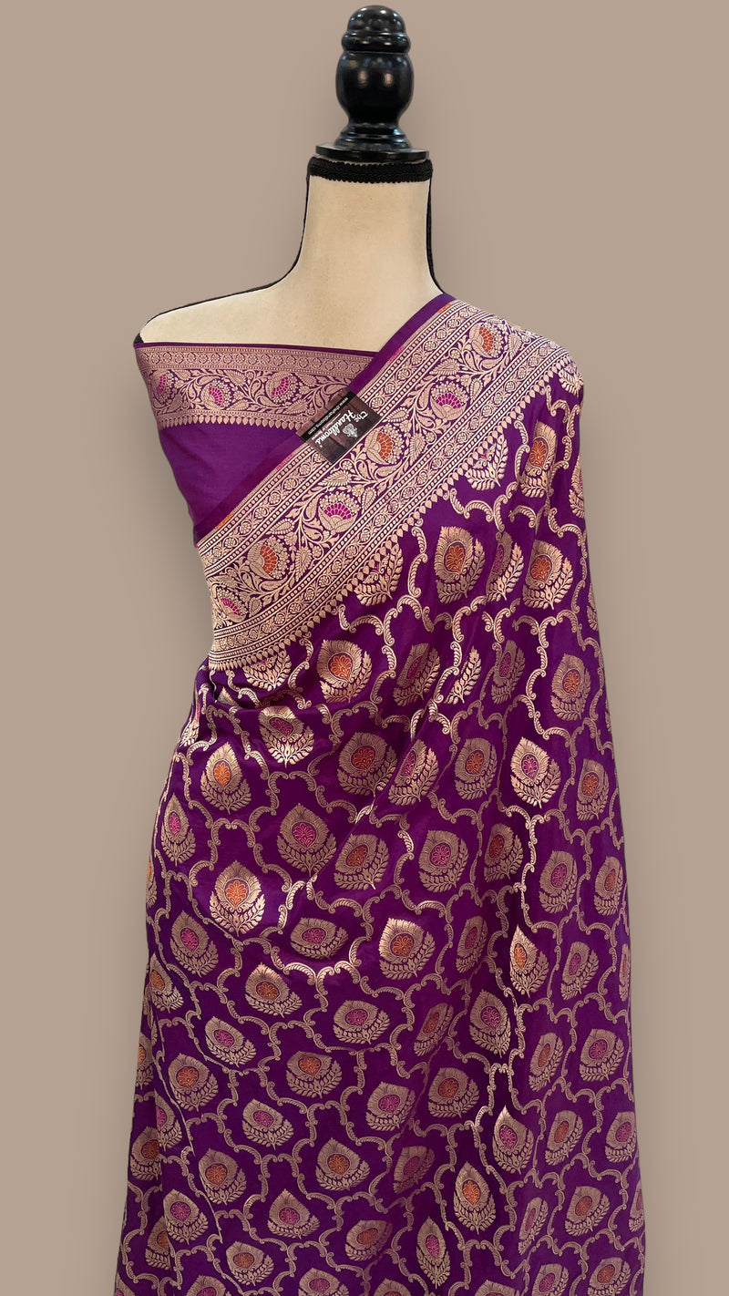 Purple Pure Katan Silk Banarasi Handloom Saree - All over Sona Roopa Jaal work - The Handlooms