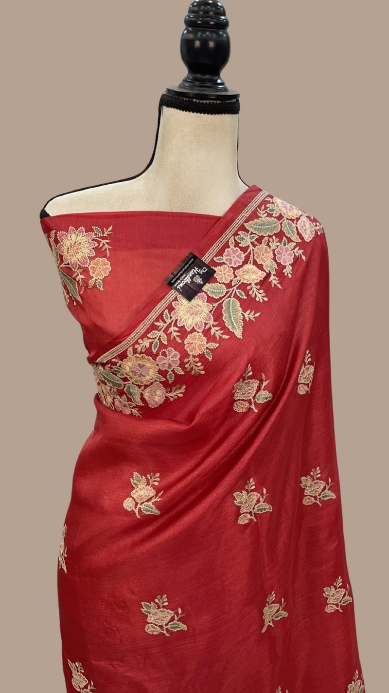 Tussar Silk Handloom Banarasi Saree With Chikankari - The Handlooms