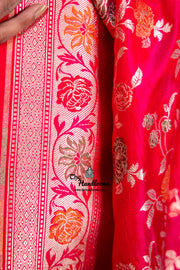 Hot Pink Pure Katan Silk Banarasi Handloom Saree - All over Jaal work with Meenakari - The Handlooms