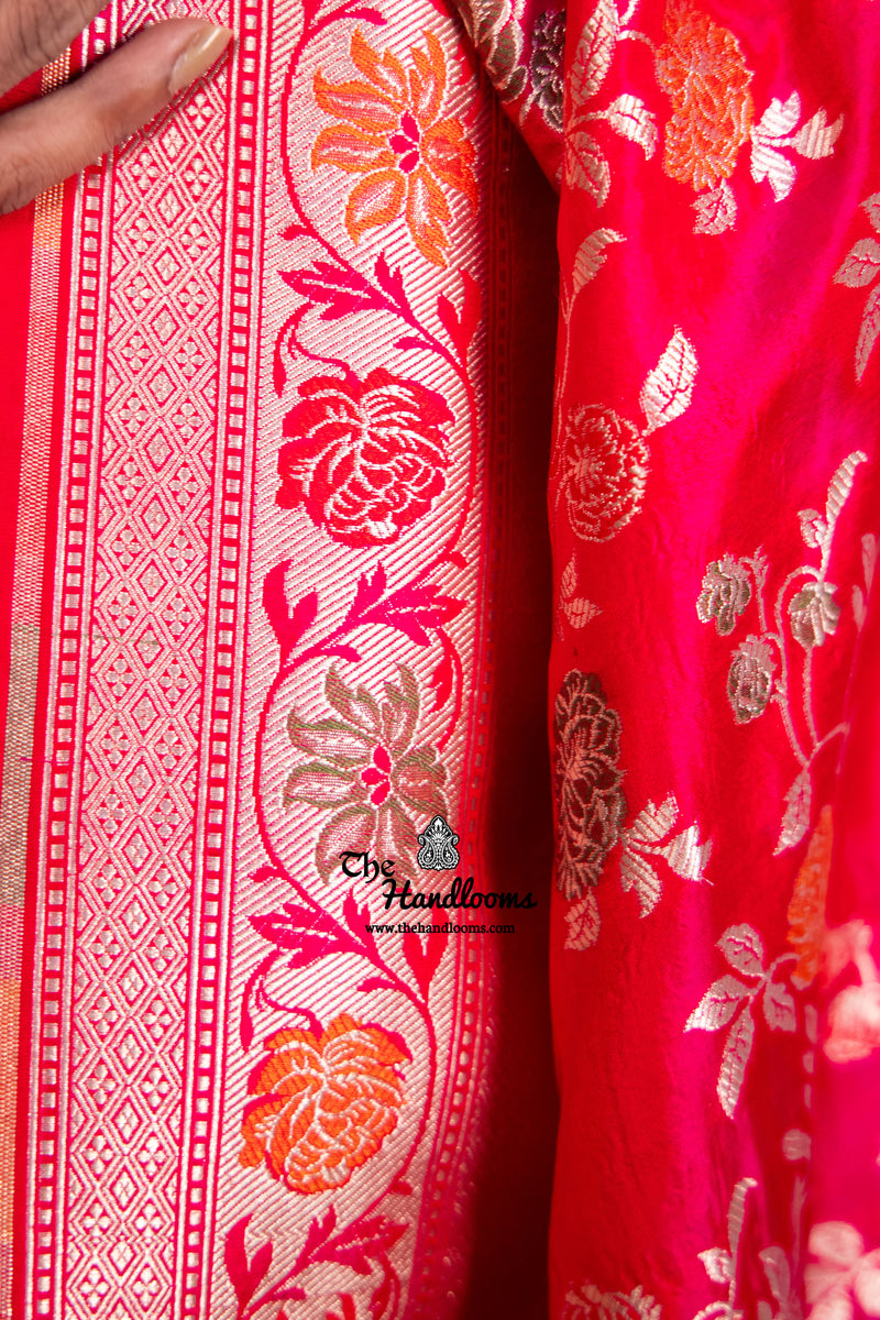 Hot Pink Pure Katan Silk Banarasi Handloom Saree - All over Jaal work with Meenakari - The Handlooms